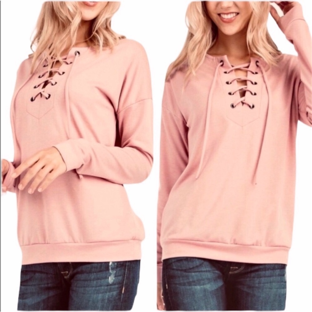 12 PM BY MON AMI lace up long sleeve top  L pink - Picture 9 of 9